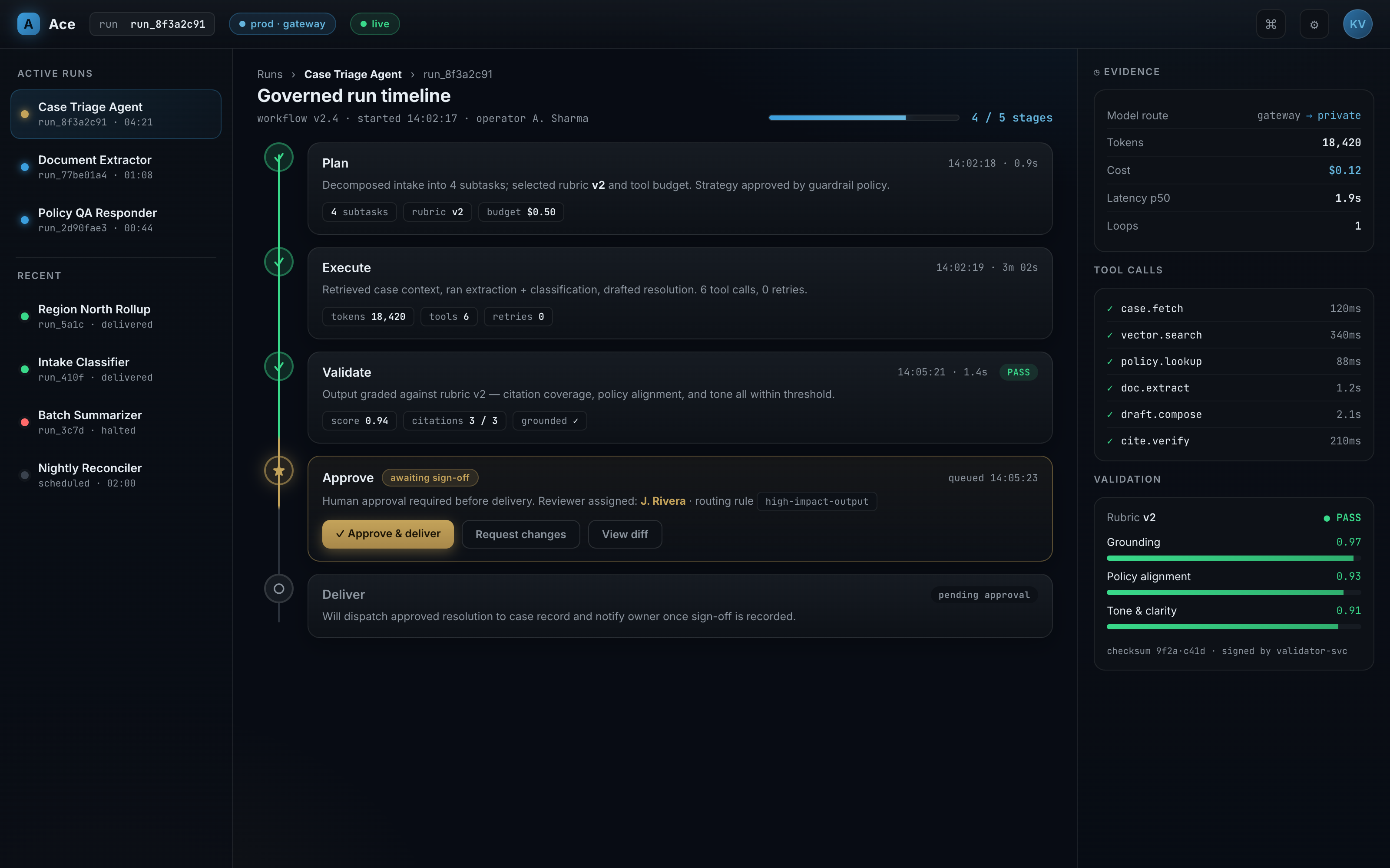 The Ace governed-run console showing a run timeline with an approval gate